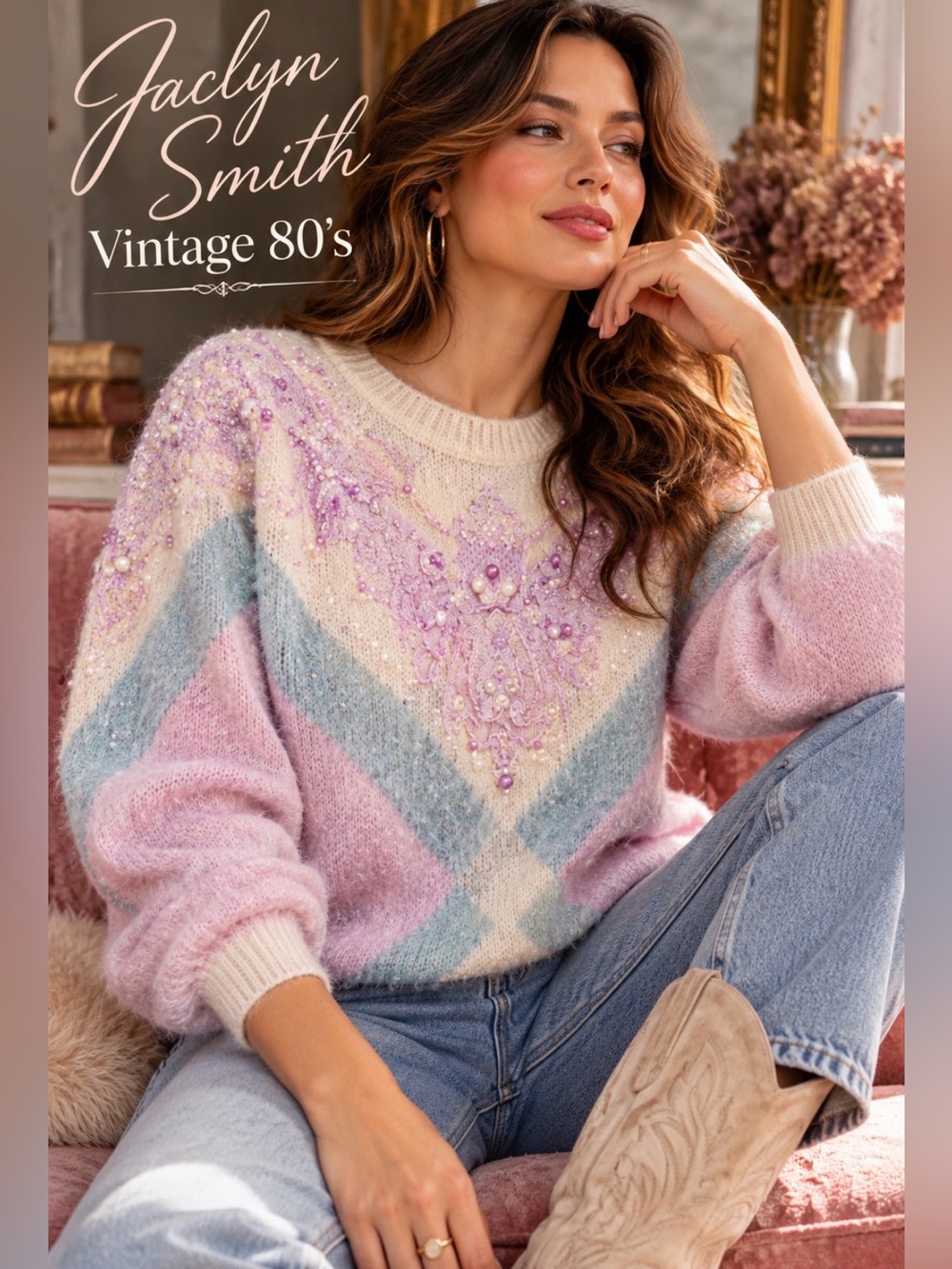*Vintage 80’s- Jaclyn Smith - Pastel Knit beaded Sweater/ medium